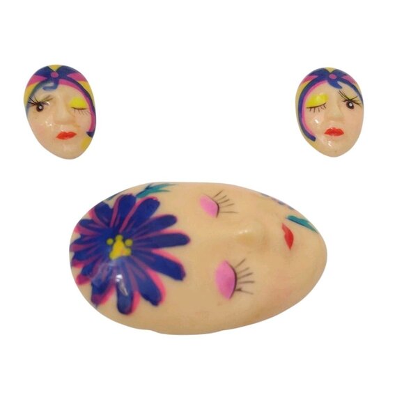 Vintage 80s Art Deco Figural Face Flapper Brooch Earrings Set Handpainted Artsy - Picture 3 of 6